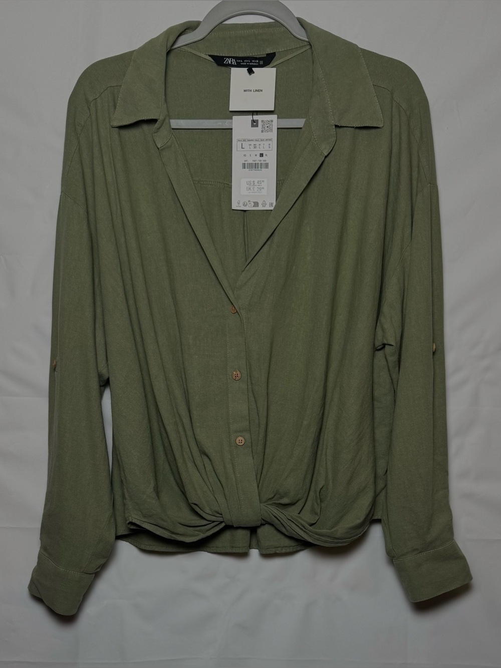 Zara Olive Tie-Front Button-Down Women’s Shirt, Sz Large. NWT